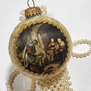 Vtg West Germany Silk Glass hand decorated Nativity ball Christmas ornament